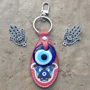 Hamsa Multi Color Leather Key Chain Key Ring Women Bag Purse Charm Accessory